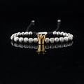 Vintage titanium steel beaded bracelet with golden crown and adjustable black cord - Steel Color Gold Crown
