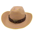 Détail d'un chapeau de paille rayé avec bande en cuir et boucle de tête de taureau en bronze - Jaune Violet Avec Corde Coupe-vent (Tête de Taureau)
