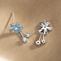 Orecchini a fiore in argento S925 con smalto blu e nappe di zirconi su seta - Argento 925 / E610 Orecchini a Lobo Fiore Oro Bianco