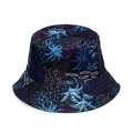 Detailed view of reinforced stitching on tropical palm leaf print sun hat - Black Blue Purple Tropical Palm Leaf Print (11)