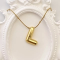 Polished gold puffy letter L pendant necklace with delicate beaded snake chain - Gold Letter L