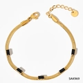 Elegant gold stainless steel snake chain bracelet with five rectangular black gemstones - Black (SAK969)