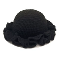 Detailed view of black crochet knit hat featuring retro ruffled wavy brim texture - M(54-60cm) / Black