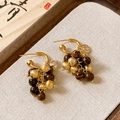 Detail of vintage clusters earrings with brown tiger eye beads and gold zircon accents - 35# Vintage Grape Cluster Tiger Eye Earrings (925 Sterling Silver Earring Post)