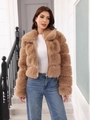 Chic coffee-colored short faux fur jacket paired with light blue straight-leg jeans - S / Khaki