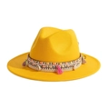 Classic yellow felt wide brim Fedora hat with colorful woven band and seashell accents - Yellow