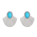 Textured irregular silver square earrings with turquoise stone inlay and hammered finish - Steel Color Fan-Shaped Blue Stone (8084)
