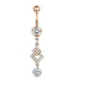 Detailed close-up of rose gold belly button ring with sparkling zircon diamond pendants - 1990 Geometric Rhombus Rose Gold