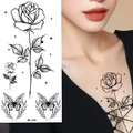 Sketch rose and butterfly temporary tattoo BK-028 shown as application on collarbone - Pattern BK-028