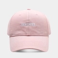 Close-up of MOM white embroidery on soft pink cotton twill baseball cap with stitching - Adjustable / Light Pink