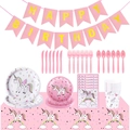 Rainbow unicorn birthday party supplies set with paper plates cups and banner - Unicorn Party Decor Set (Banner/Plates/Cups/Napkins/Knives/Forks/Spoons/Straws/Tablecloth)