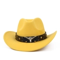 Yellow wool felt western cowboy hat featuring a silver bull head emblem and metal rivets - M (56-59cm) / Yellow Rivets
