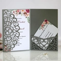Grey laser-cut wedding invitation set with elegant pink floral illustrations and RSVP card - Standard / Silver Grey