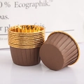 Close-up of brown disposable baking cups with gold rolled rims for heat-resistant muffins - Single-sided Brown Gold Rim