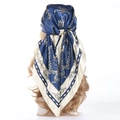 Silk satin square scarf in blue and beige with gold baroque chain and floral patterns - 90*90cm / Horse Carriage Navy