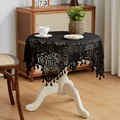 Vintage black knitted rectangular tablecloth with geometric patterns and fringe - 90*90cm / Black