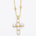 Collana a croce con perle bianche e catena a sfere dorate su sfondo bianco - Stile B - Oro - 6 Perle - Catena a Sfere