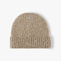 Winter khaki knitted beanie with white snowflake plush texture and folded brim - Camel