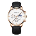 Detail of rose gold watch face with moon phase, Roman numerals, and date window - Black Strap Rose Gold Case White Dial Rose Gold Hands