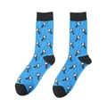 Détail de chaussettes en coton bleu avec motifs d'oiseaux pixel et revers noirs - Oiseau Bleu Ciel (A342)