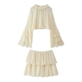 Elegant apricot two-piece set with tiered ruffle long sleeves and layered mini skirt - S / Off White