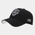 Detail of black cotton baseball cap showing white New York 1985 shield embroidery - Adjustable / Black and White