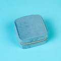 Square sky blue velvet jewelry box with metallic zipper for ring and earring storage - 10*10*5cm / Aqua