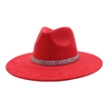Detail of red faux suede fedora hat with a sparkling silver rhinestone band accent - 58 / Red