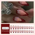 Red French tip press-on nails with luxury rhinestones and silver glitter, 24pcs DZ383-B7 - Jelly Glue Type / DZ383-B7 Red Glitter French