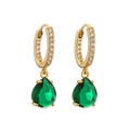 Boucles d'oreilles pendantes dorées avec zircons étincelants et pierre vert émeraude en poire - 1 paire / Or Zircon Vert