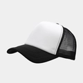 Detail view of black and white trucker hat featuring breathable mesh and curved visor - Adjustable / Black and White Patchwork