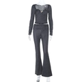 Zweiteiliges Damen-Set mit Polka-Dots, eckigem Ausschnitt, Langarmshirt und Schlaghose - XS / Schwarz