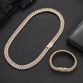 Close-up of 10mm double-row zircon iced-out gold Cuban link bracelet and necklace set - 24 Inch Necklace / Gold