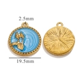 Golden round oil painting pendant with blue enamel, showing front and back views - Round Leaf Pendant (Z2352GC) / Blue