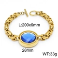 Gold stainless steel toggle bracelet with large circular blue faceted gemstone - Gold Blue Bracelet (KB139196-Z)