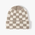 Beige checkered knit beanie for women featuring a warm winter woolen pattern - Khaki & Beige Checkerboard (23B031)