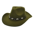 Detailed macro view of olive green wool felt cowboy hat with vintage concho leather band - M / Army Green