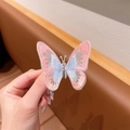 Pink and blue gradient butterfly hair clip with shimmering embroidery and silver body - Pink Embroidered Butterfly / Pink