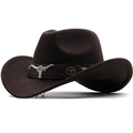 Detail of leather band with silver bull head metal ornaments on brown cowboy hat - M (56-58cm) / Coffee
