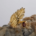 Detailed close-up of S925 sterling silver gold leaf ring with oval red garnet gemstone - Natural Garnet Leaf Ring LR234