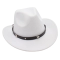 Detailed close-up of white felt cowboy hat with silver star studs on black leather band - White (Star Band)