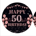 Rose gold 50th birthday party round decoration with black background and glitter elements - Fiftieth Birthday - Small Plates