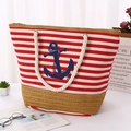 Red and white striped canvas beach tote bag with anchor print and rope handles - Red