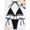 Classic black two-piece string bikini with hollow woven details on marble background - M / Black