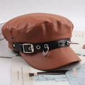 Brown leather newsboy cap featuring metallic spikes and ring strap detail on magazines - Punk Studded Flat Top / Coffee