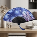 Classic dark blue fabric folding fan with floral butterfly print and black bamboo ribs - Style 30 (New Style)