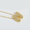 Gold puffy letter M pendant necklace with sparkling pave crystal stones and rope chain - Letter M