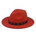 Detailed macro view of the wide brim red wool felt hat with turquoise and rivet band - Adult / Red