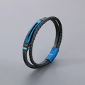 Pulsera de hombre de doble capa en cuero trenzado negro y detalles de acero azulado - Azul