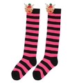 Detail of Christmas knee-high socks featuring pink stripes and a 3D plush reindeer doll - Kids (7-12 Years Old) / Black Rose Red Stripes / Red Hat Reindeer